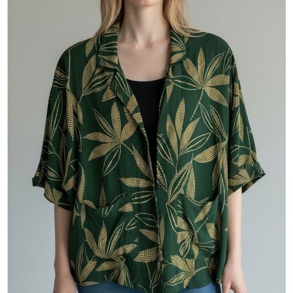 Mango Womens S Tropical Botanical Camp Shirt Green Boho Coastal Summer Viscose